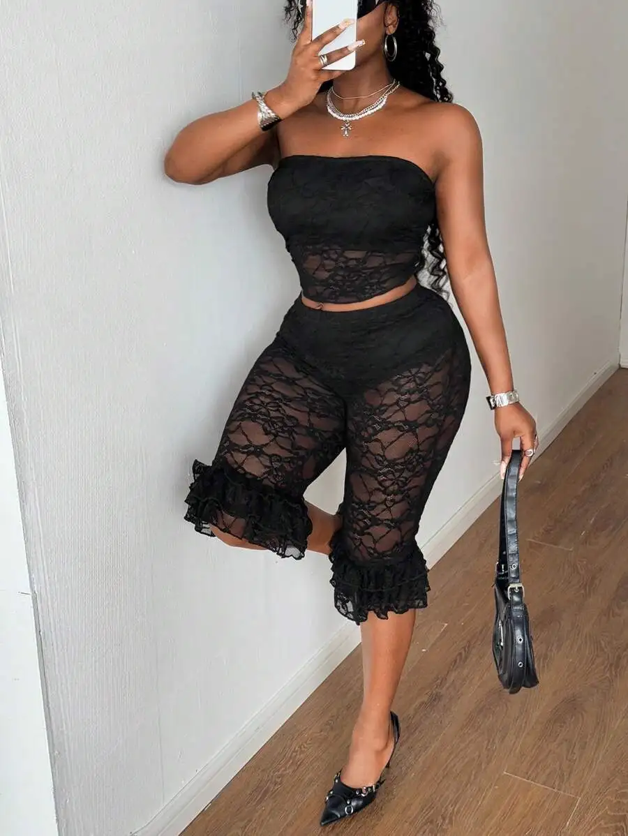

2pcs Black Lace Crop Top And Calf-Length Pants Set For Women