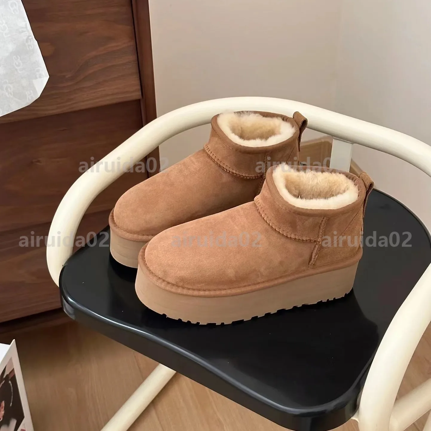 Women's Thick-soled Boots Real Sheepskin Wool Warmer Ladies Heightening Shoes Platform Winter Snow Boots