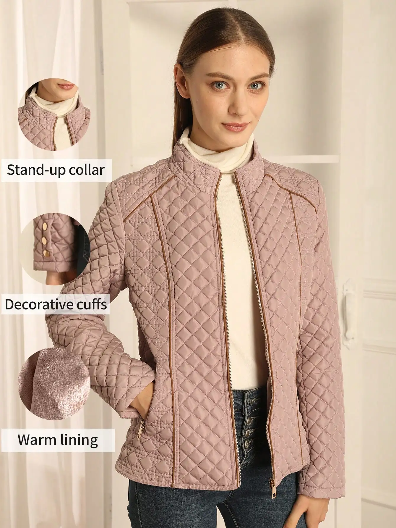 

Women's Quilted Stand-Up Collar Jacket with Warm Lining, Casual Autumn Winter Coat