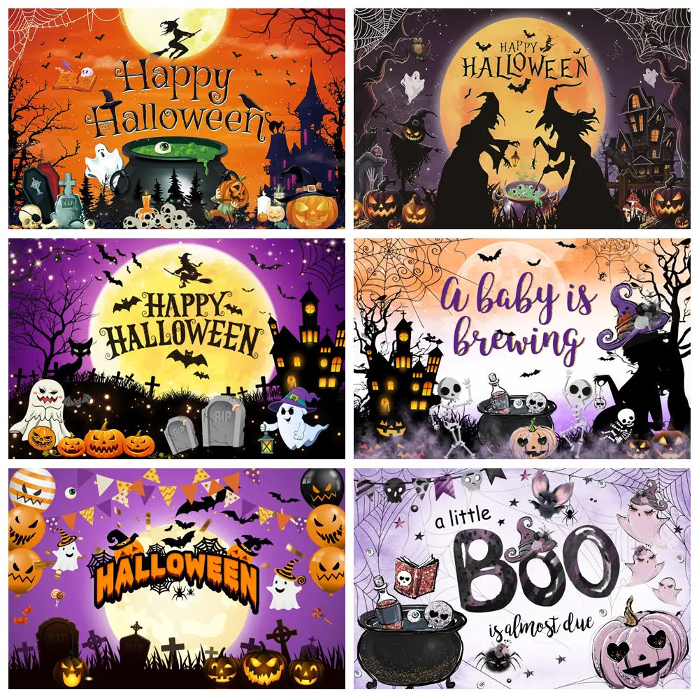 

Happy Halloween Backdrop Horror Castle Moon Pumpkin Witch A Little Boo is Almost Due Baby Birthday Party Photography Background