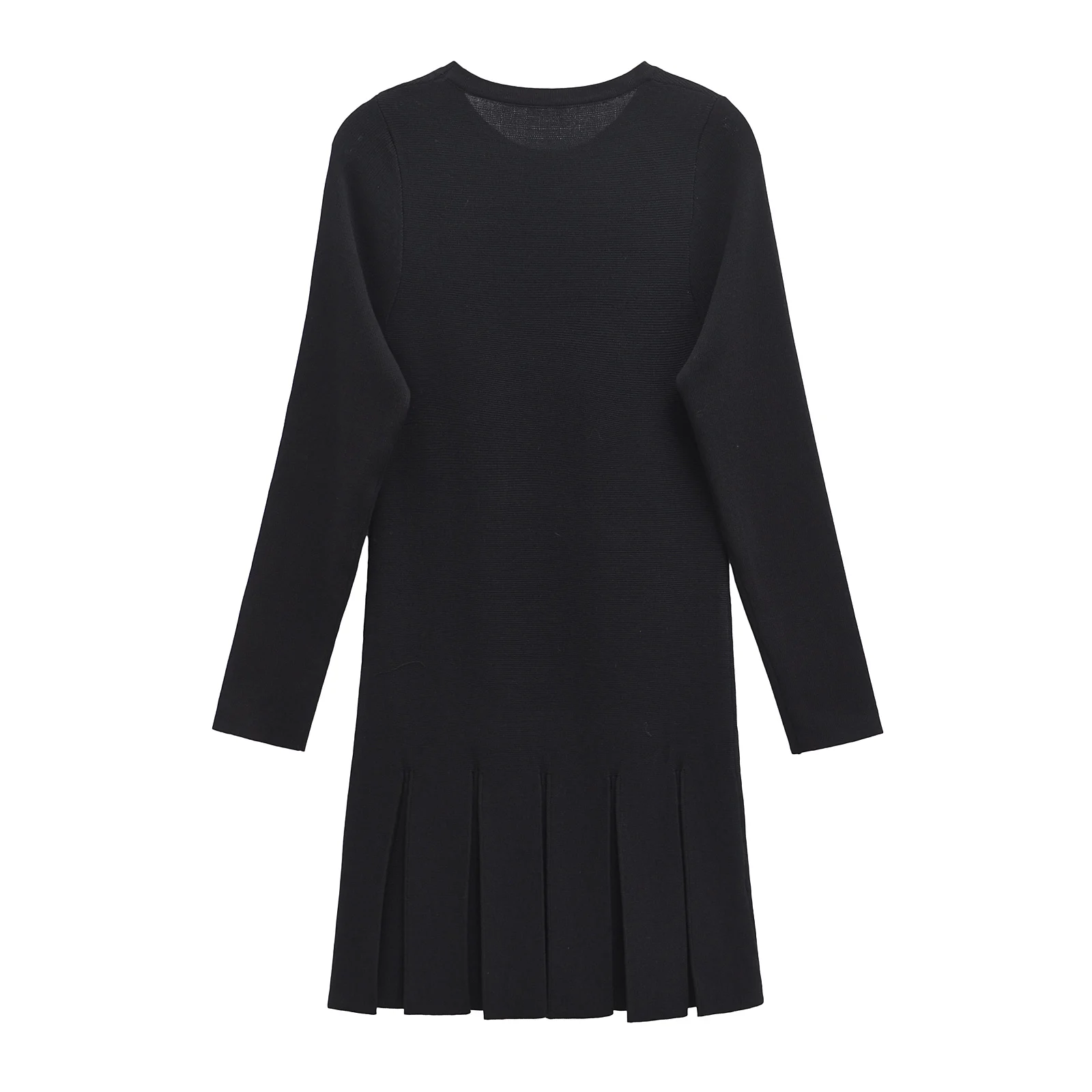 TRAF Women Fashion With Pockets Black Pleated Knitted Mini Dress Vintage O-Neck Long Sleeves Female Chic Lady Dresses 3859126