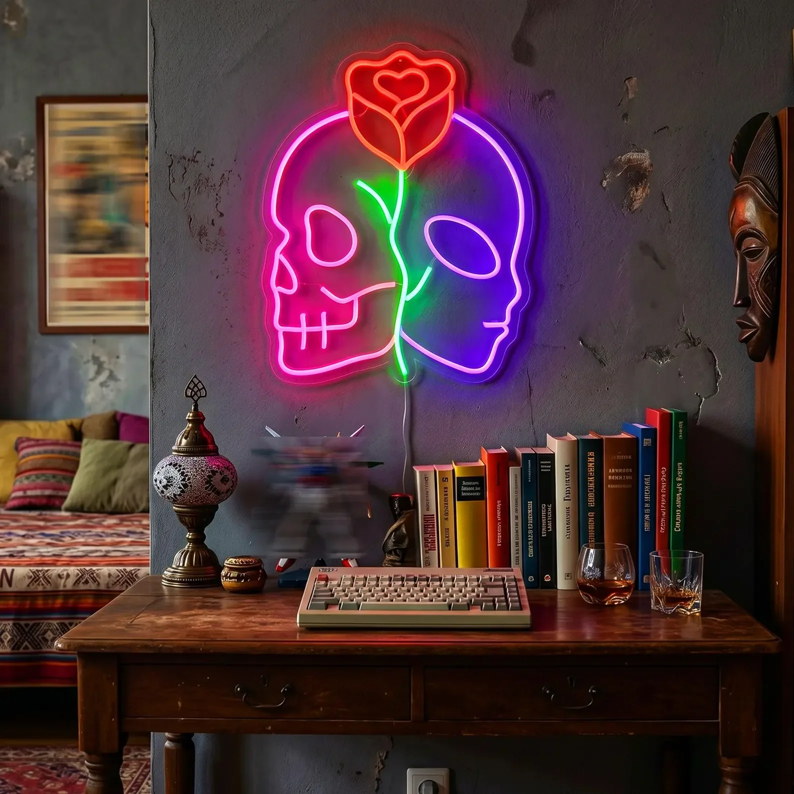 Cyberpunk Skull Neon Sign,Split Face LED Neon,Gaming Room Wall Art,Retro Arcade Decor,Synthwave Room Decor,Cool Gift for Gamers