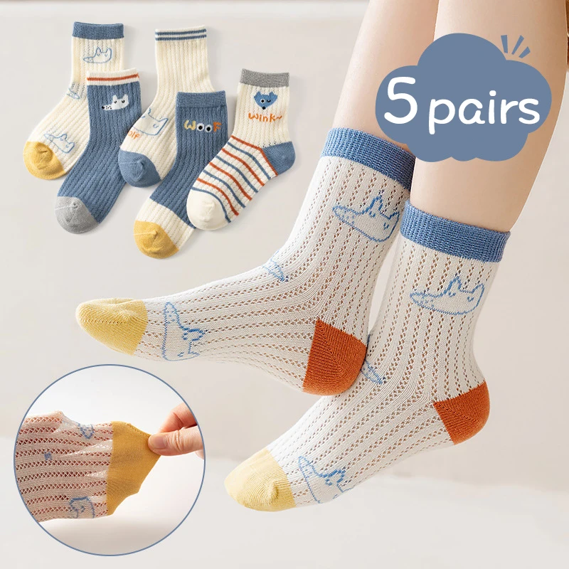 

5Pairs Summer Kids Mesh Socks Cute Cartoon Children Middle Tube Sock Thin Breathable Boys Cotton Socks 1-8Year Baby Footwear