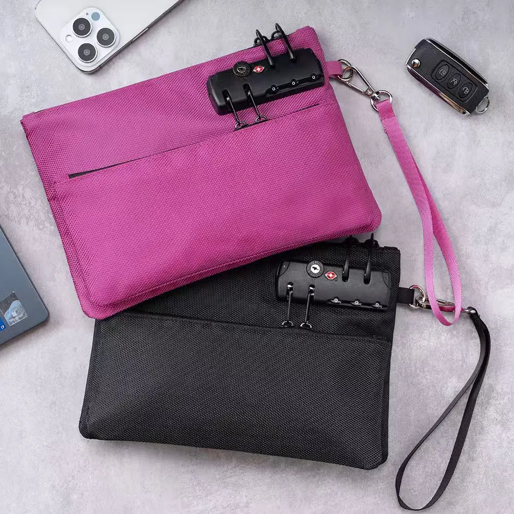 Double Layer Zipper Document Pouch with Combination Lock Handheld File Bag for Passport Cards and Bank Notes Water Resistant
