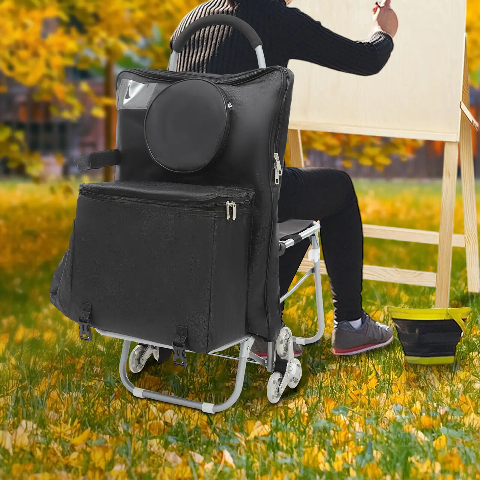 

Mobile Art Studio Cart, 3-Wheel with Seat & Storage Bag for Outdoor Sketching