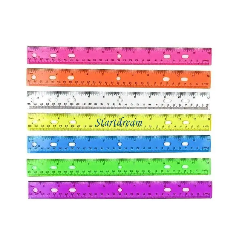 Réguas coloridas transparentes 12 polegadas com régua matemática furo com escala centímetros e centímetros K92C