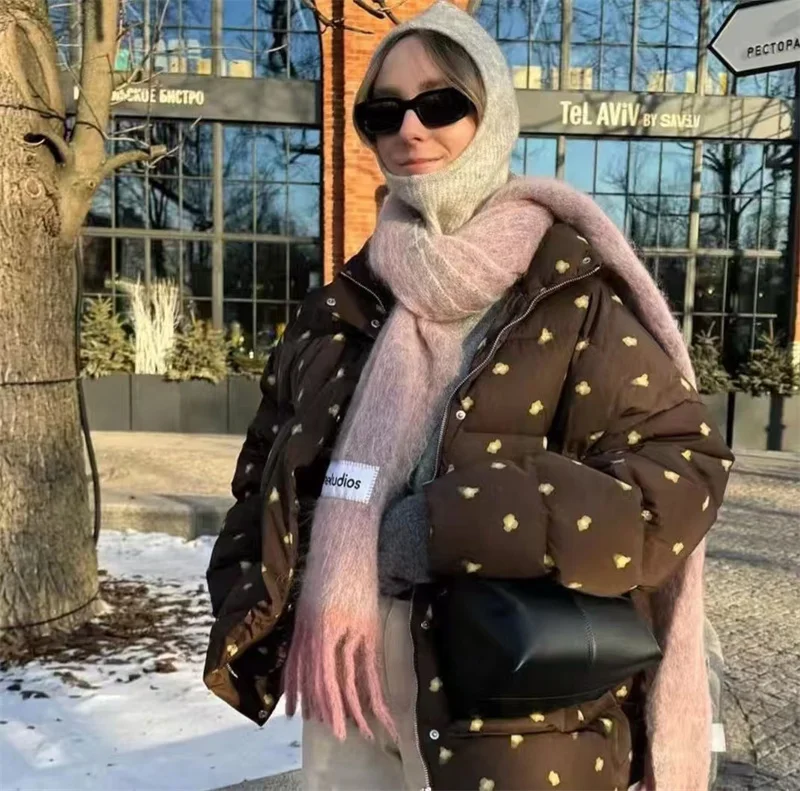 

Women's Jacket New Hooded Coffee-Colored Printed Cotton Jacket Autumn and Winter Outdoor Casual Warm Windproof Coat