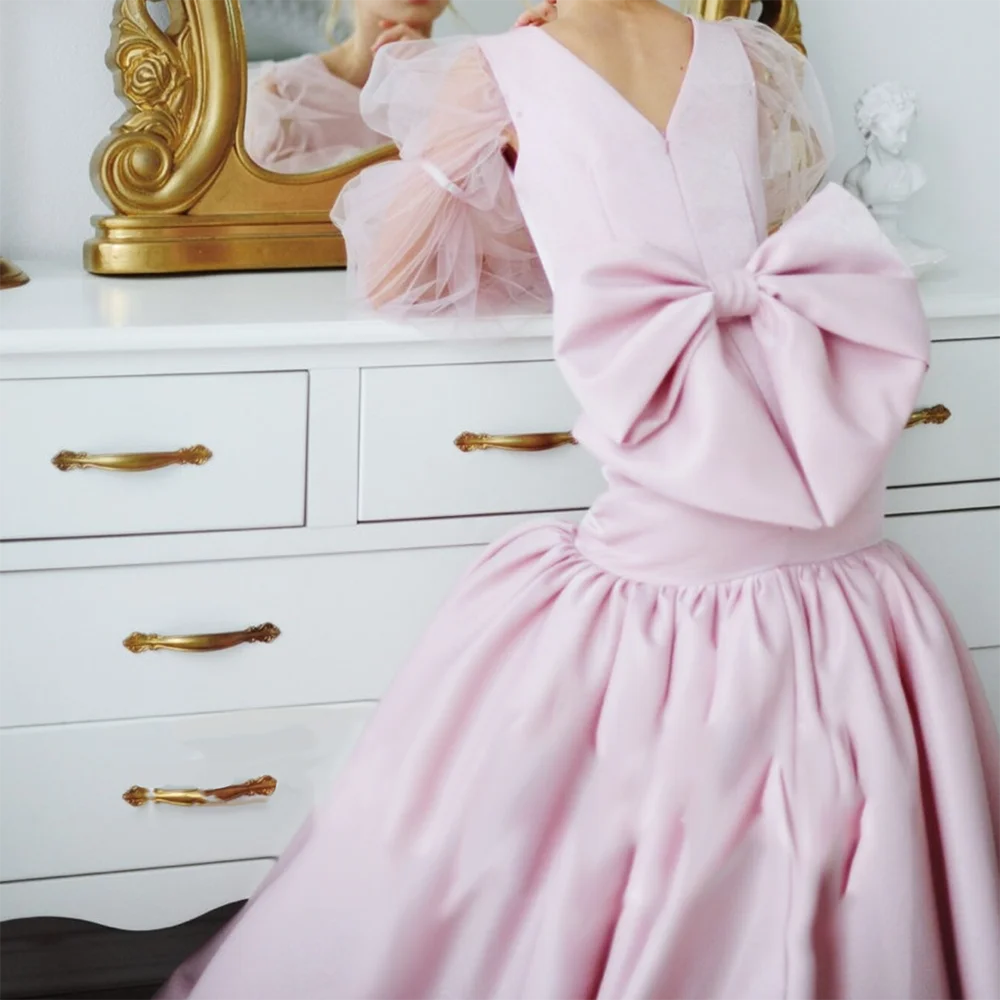 

Elegant O-Neck Pink Satin Sashes Bow Pleat Mermaid Formal Evening Dresses Birthday Party Prom Gowns Customized