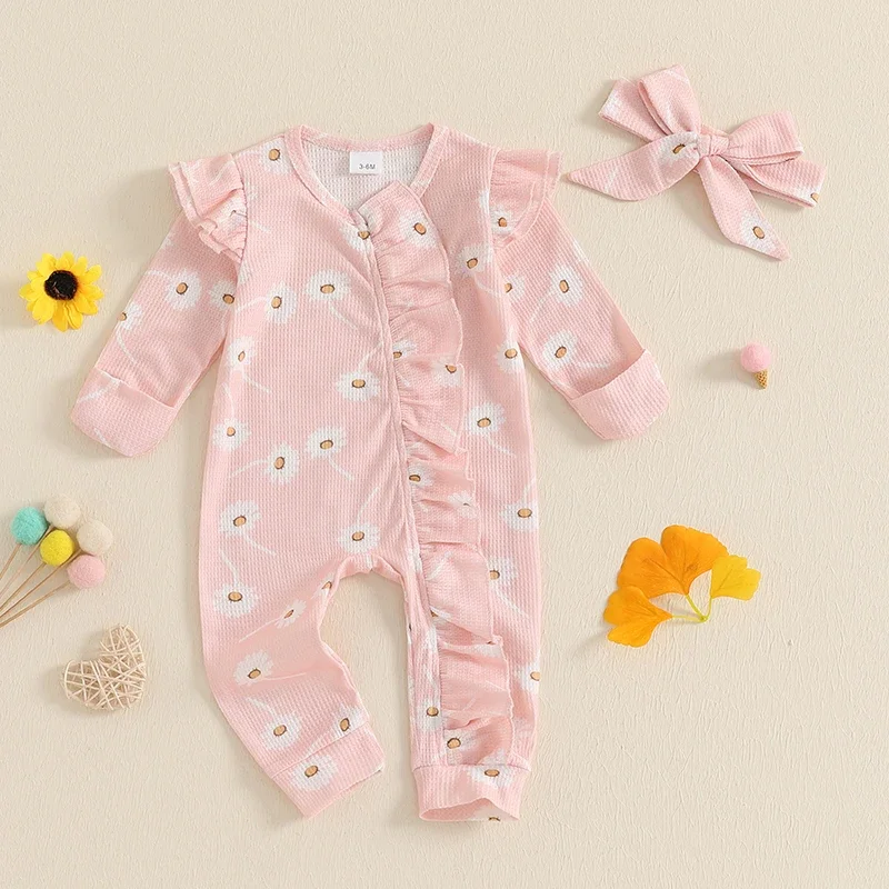 Baby Clothing Girl Waffle Romper Floral Print Long Sleeve Ruffled Zipper Full Length Jumpsuit with Headband Newborn Clothes