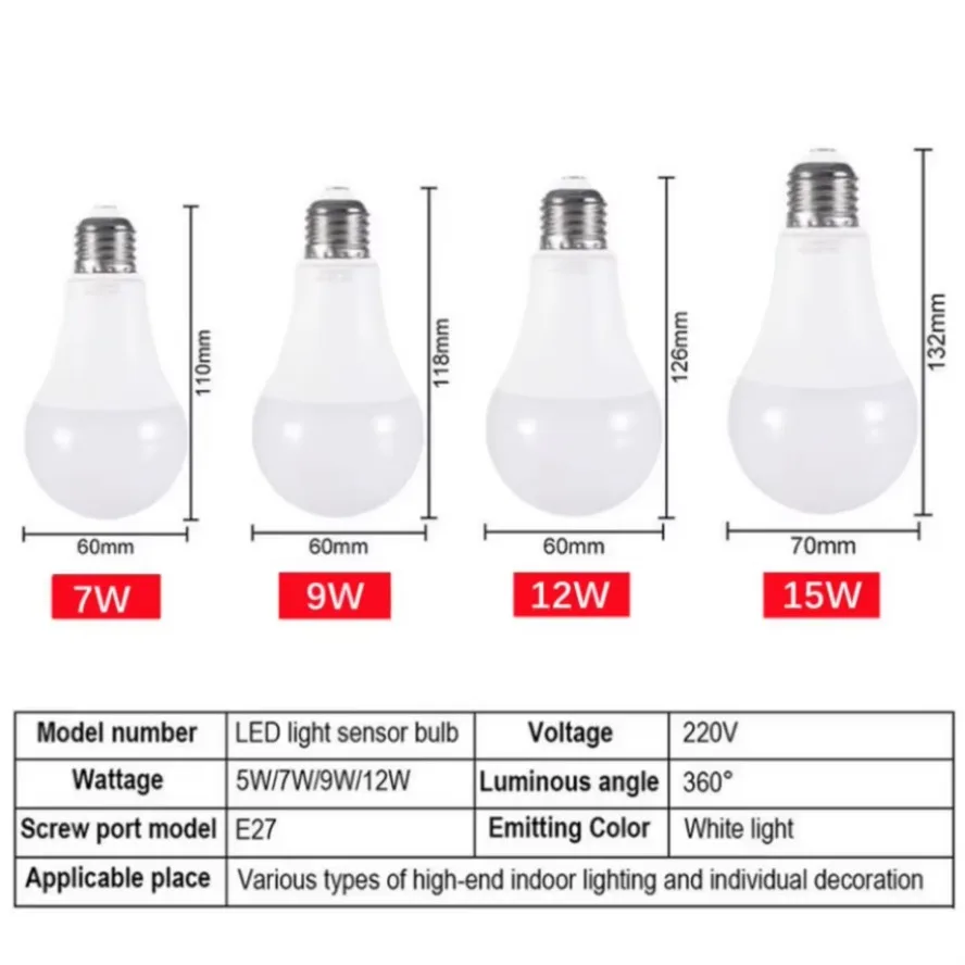 Sensore di controllo della luce a LED E27 lampadina 15W 12W 9W 7W 5W AC85-265V luce notturna diurna Auto ON OFF Patio portico lampada intelligente