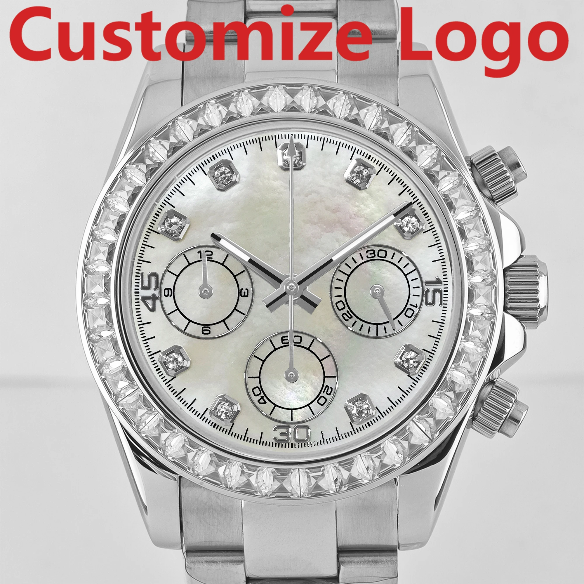 OUMASHI VK63 39.3mm Diamond Bezel Mother-of-Pearl Men’s Watch, 6-Hand Chronograph, Customizable Logo or Pattern