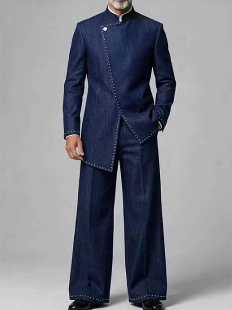 Men's Faux Denim Two Piece Set Stand Collar Asymmetric Blazer & Wide Leg Pants Wedding Party Formal Business Suit Coat And Jeans