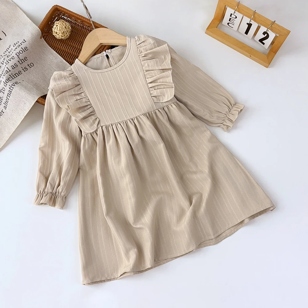 Kids Clothes Round Neck Long Sleeved Pleated Edge Solid Color Dress Children\'s Daily Casual Wear Autumn Kids Dresses for Girls