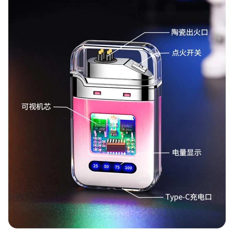 Small and Transparent Case Electronic Pulse Windproof Dual Arc Charging Lighter Color Battery Display Cigarette Lighter - Image 5