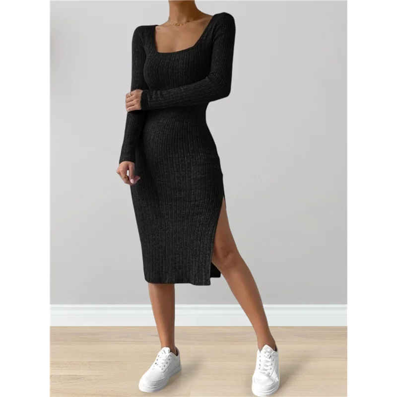 ABRT-Vestito autunnale da donna 2 Abito midi da spiaggia in maglia a maniche lunghe con scollo quadrato e abito maxi slim con spacco