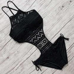 Maillot de bain une pièce noir, sexy, dos nu, col licou, détail crochet, bikini, tenue de plage, pour femmes, 2023, 2021