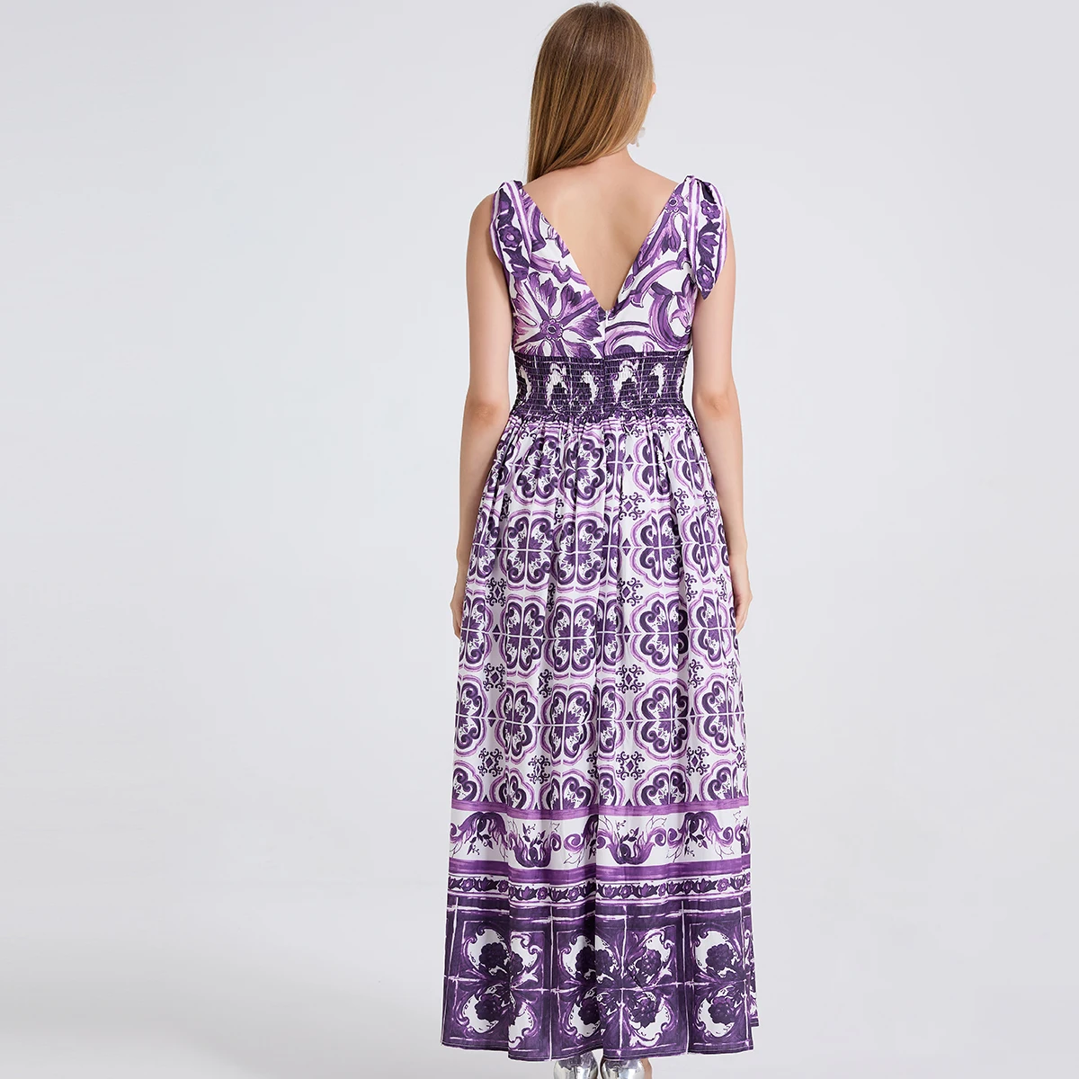 Fashion Runway Summer Floral Maxi Dress Women Straps Bow Purple Blue White Porcelain Print Elastic Waist Holiday Beach Dresses