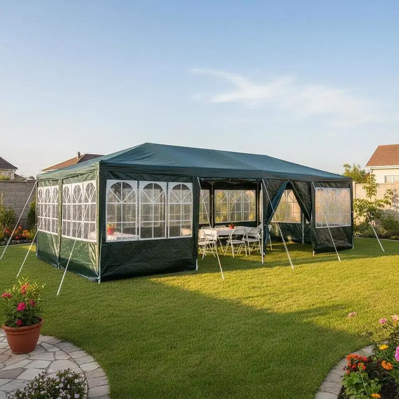Gazebo de 800 x 400 x 266 cm. Estructura robusta, tela de poliéster duradera. Ideal para bodas, fiestas, campamentos y reuniones familiares.