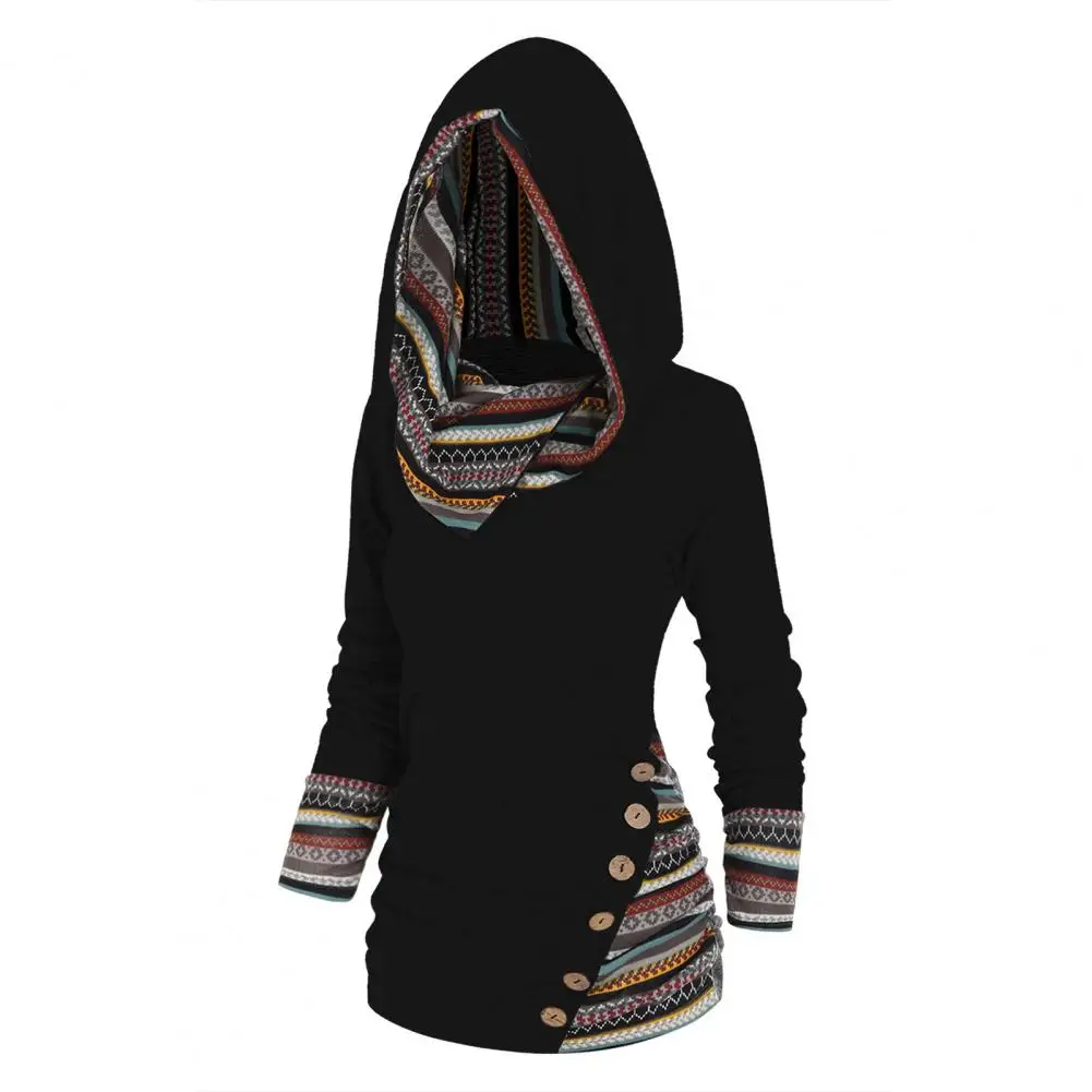 Women Hoodie Geometric Stripe Splicing Print Hoodie Ethnic Style Women's Mid-length Sweatshirt with Buttons for Autumn/winter