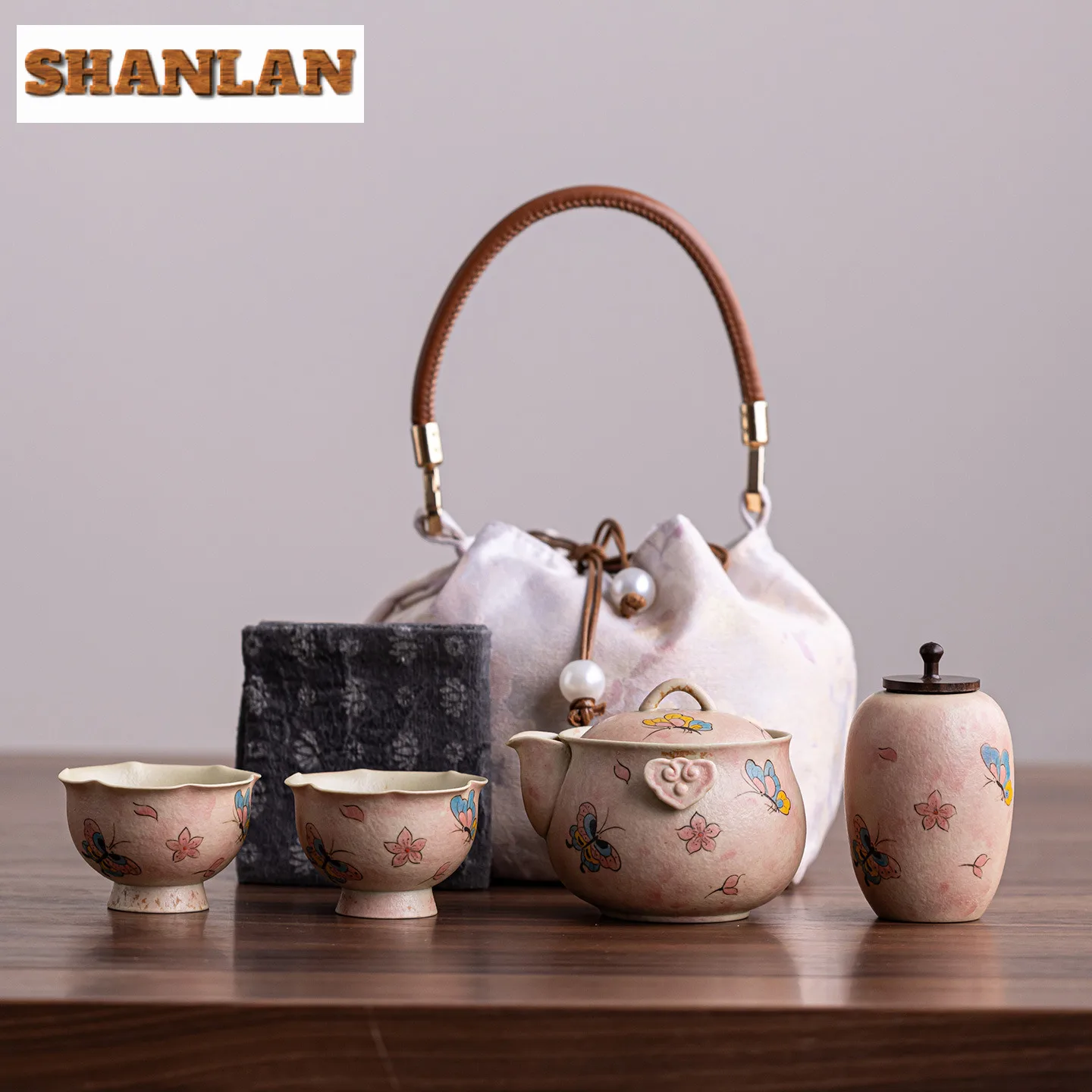 

Caramel Glaze Butterfly Travel Tea Set Kit Retro 1 Pot 2 Cups Tea Brewing Organizer Portable Camping Handbag Supplies Collection