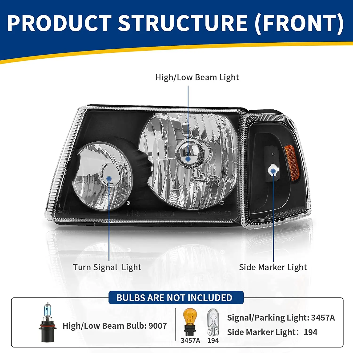 Sulinso Headlight Assembly Compatible with 2001-2011 Ford Ranger Headlight Assembly+Corner light OE Projector Headlamp Black