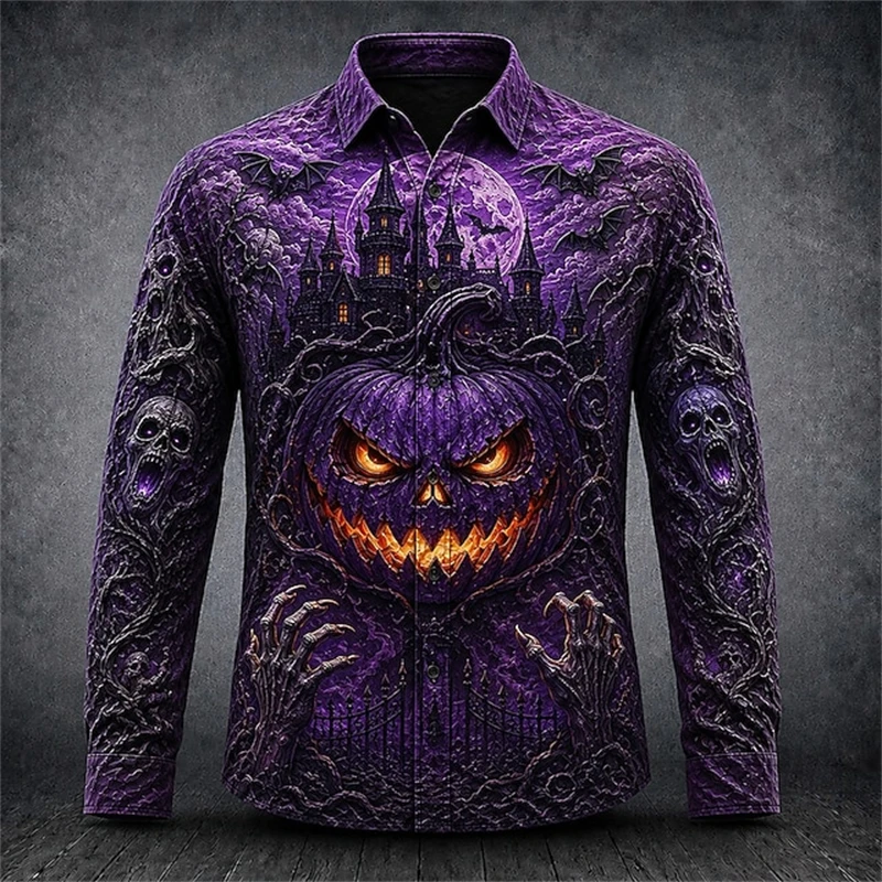 Men's Autumn Halloween Long-Sleeve Shirt Spooky Pumpkin Print Button-Down Loose Breathable Street-Style Top for Holiday Parties