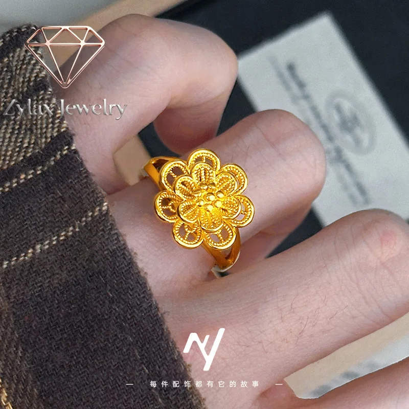 

Zylax Jewelry Luxury 24K 9999 Pure Gold real gold Open Multi-Layer Large Flower Ring Wedding Bridal Ring Adjustable