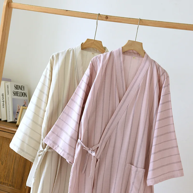 New Couple Kimono Robe Nightie With Bathrobe Striped Loose Dressing Gown Clothes For Sleep Robes Sleepwear Loungewear