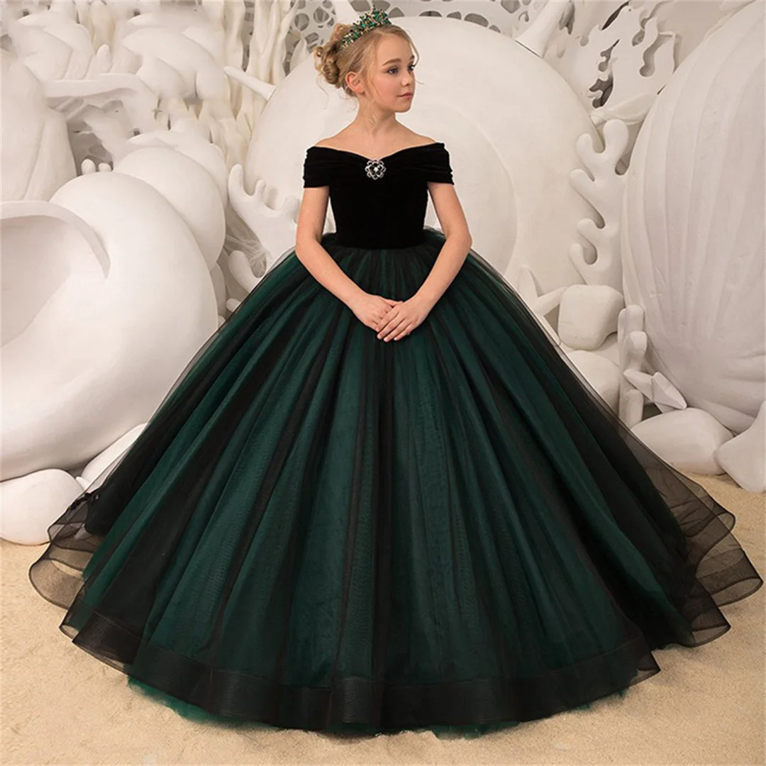 velvet tulle Ball Gown Flower Girl Dresses For Weddings party toddler girl elegant off shoulder Tulle with Beads puffy First