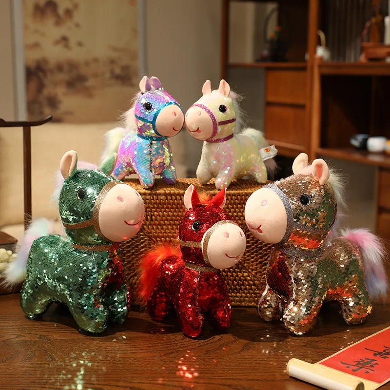 Jouet en peluche mascotte cheval avec détails pailletés année du cheval poupée poney colorée pour cadeau d'événement du nouvel an
