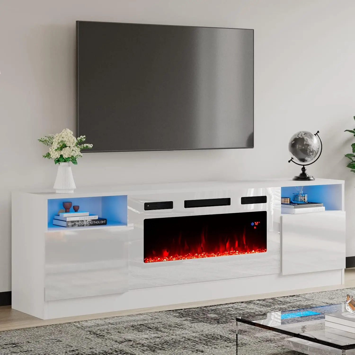 Fireplace Tv Stand with Fireplace LED Light Entertainment Center and Storage,Modern Wood Media TV Console with Highlight Cabinet