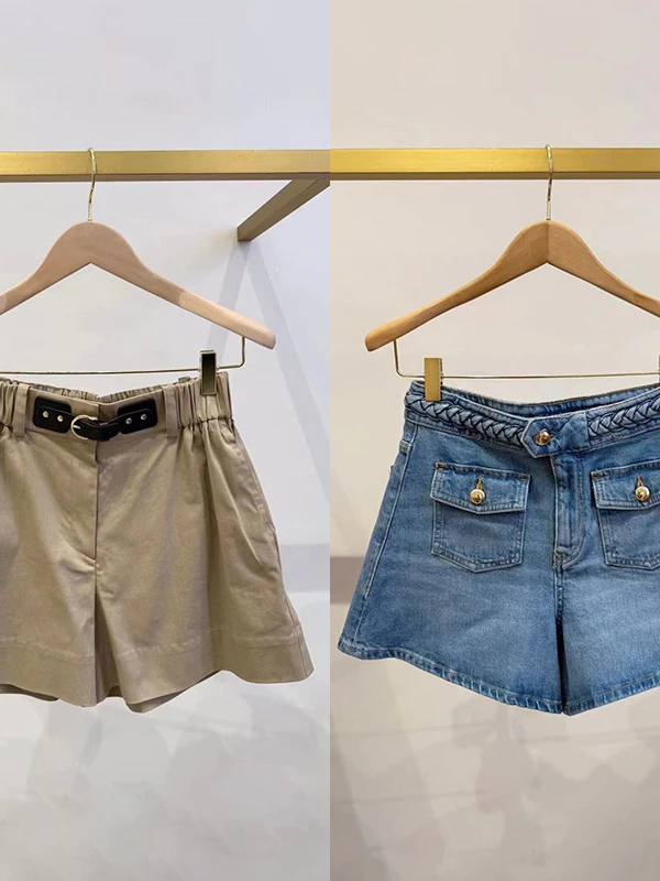 

Fashionable Belted Braid Design Slim Fit Denim Shorts Casual High Waist Zipper Pocket Women's Hot Pants Short Pants Spring Su...