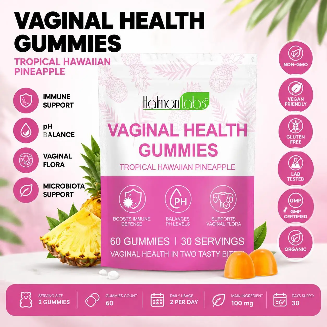 PH Balance Vaginal Flora Microbiome Wellness ,Vaginal Health Gummies Probiotic with Bacillus Coagulans, Vitamin C & Pineapple