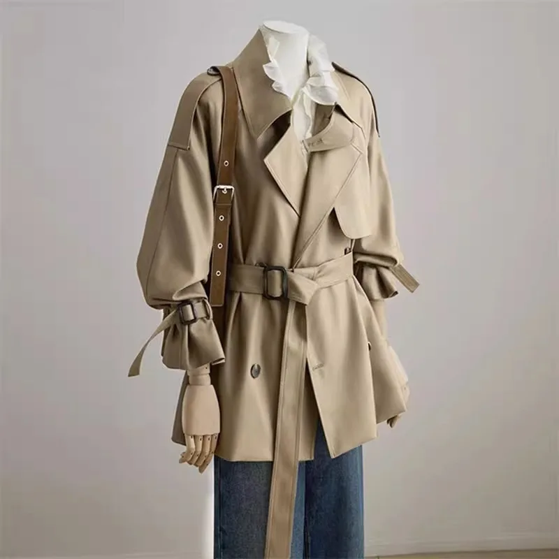 Khaki Mid-length Cinched-waist Windbreaker Is A Must-have for Women. It's A New British-style High-end Coat for Petite in Autumn