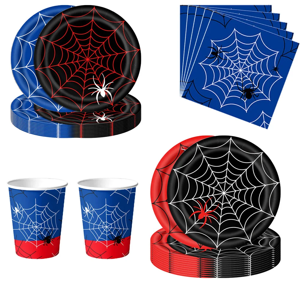 EN:10/40/50/60/80Pcs Spider Web Disposable Tableware Set, Serves 10/20 Guests, Plates Cups Napkins, Kids Birthday Supplies