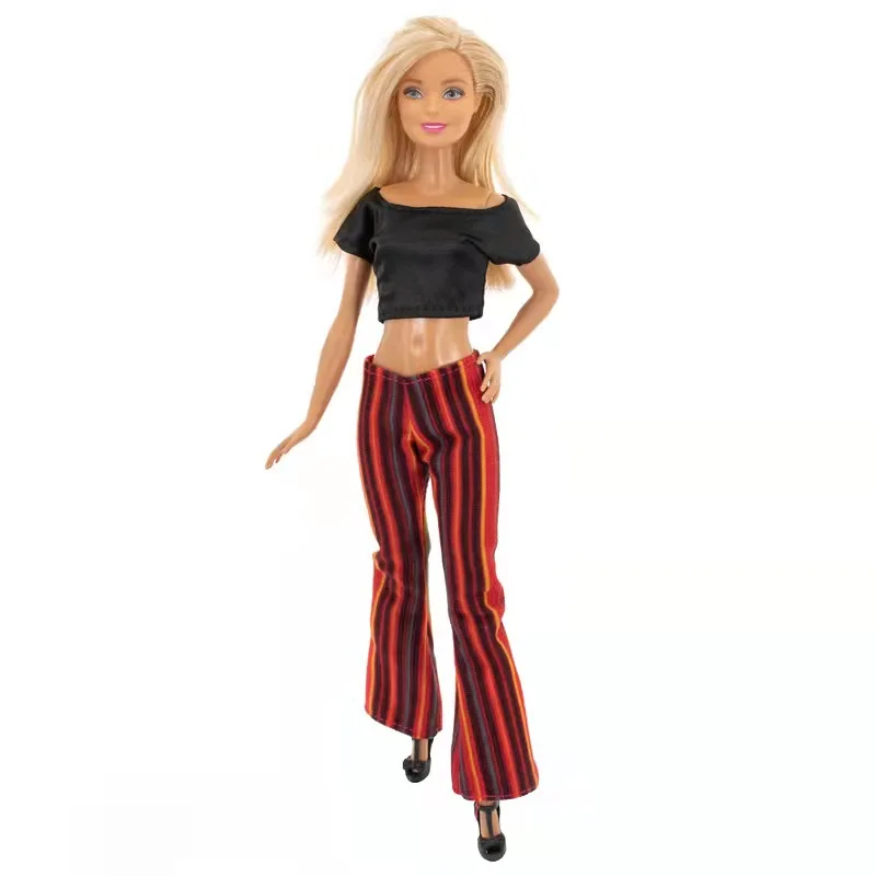 30cm Doll Outfits Set Black T-Shirt Striped Pants 1/6 BJD Clothes for Barbie Doll Clothes Crop Top Trousers Accessories Kids Toy