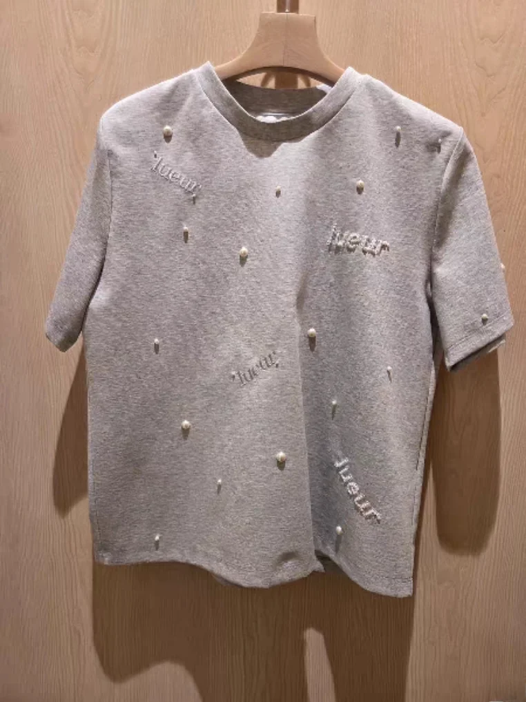 

Casual round Neck Short Sleeve T-Shirt Embroidered Pearl Decorated Comfortable Skin-Friendly Korean Style Summer New Arrival