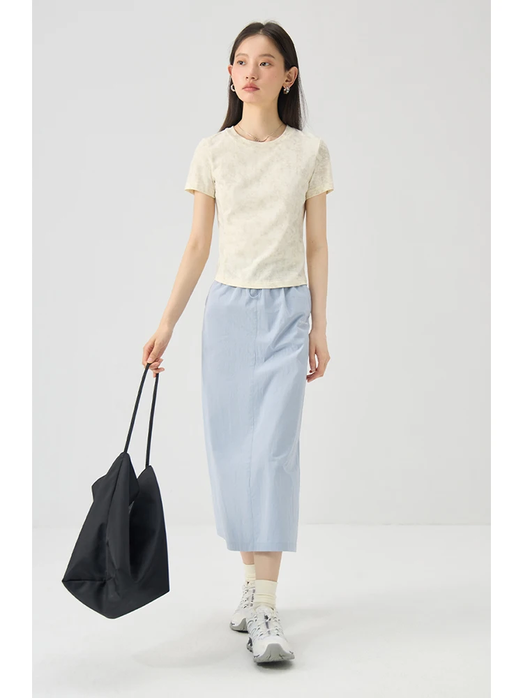 ZIQIAO Petite Side Slit Simple Commuting Cotton Midi Skirt for Women 2024 Summer New High Waist Slimming Blue Grey Skirts