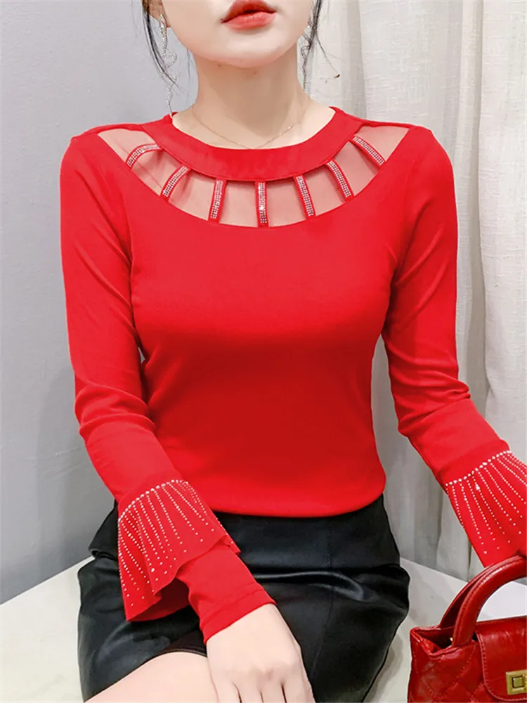 Ele Long Sve Me Base irt Camiseta de mujer con diamantes de imitación Hotfix Diseño calado Street Sle Spring Faion