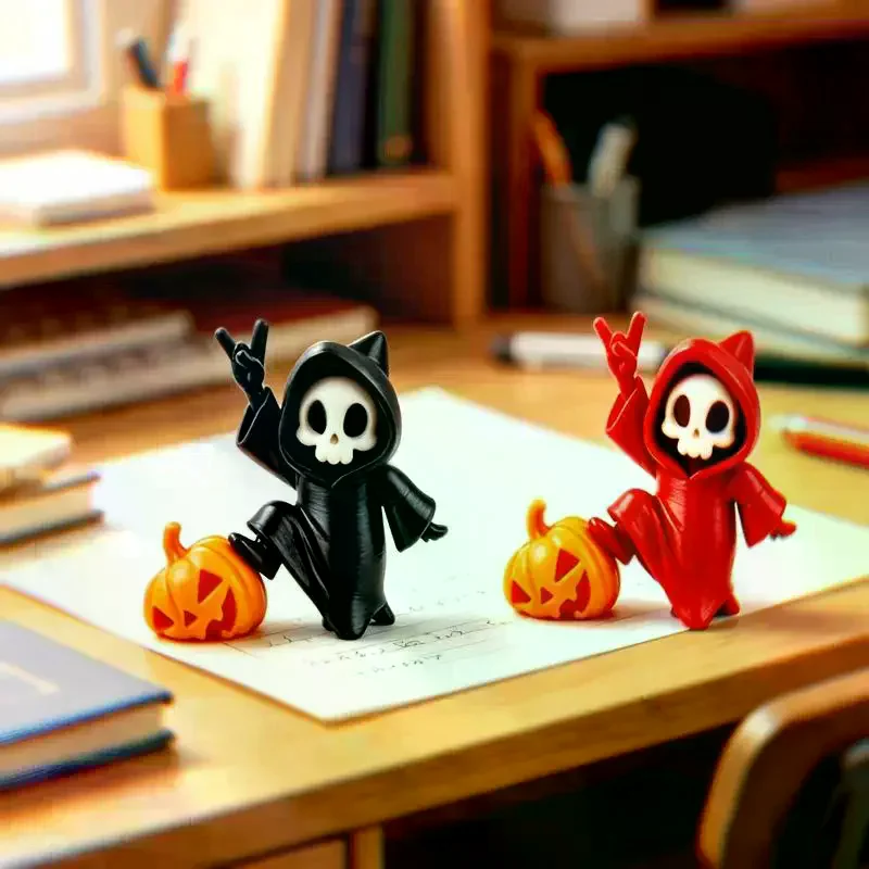 1Pc Halloween Skeleton Ghost Figurine With Pumpkin Decor Cute Hooded Skull Statue For Home Desktop Party Ornament Gift