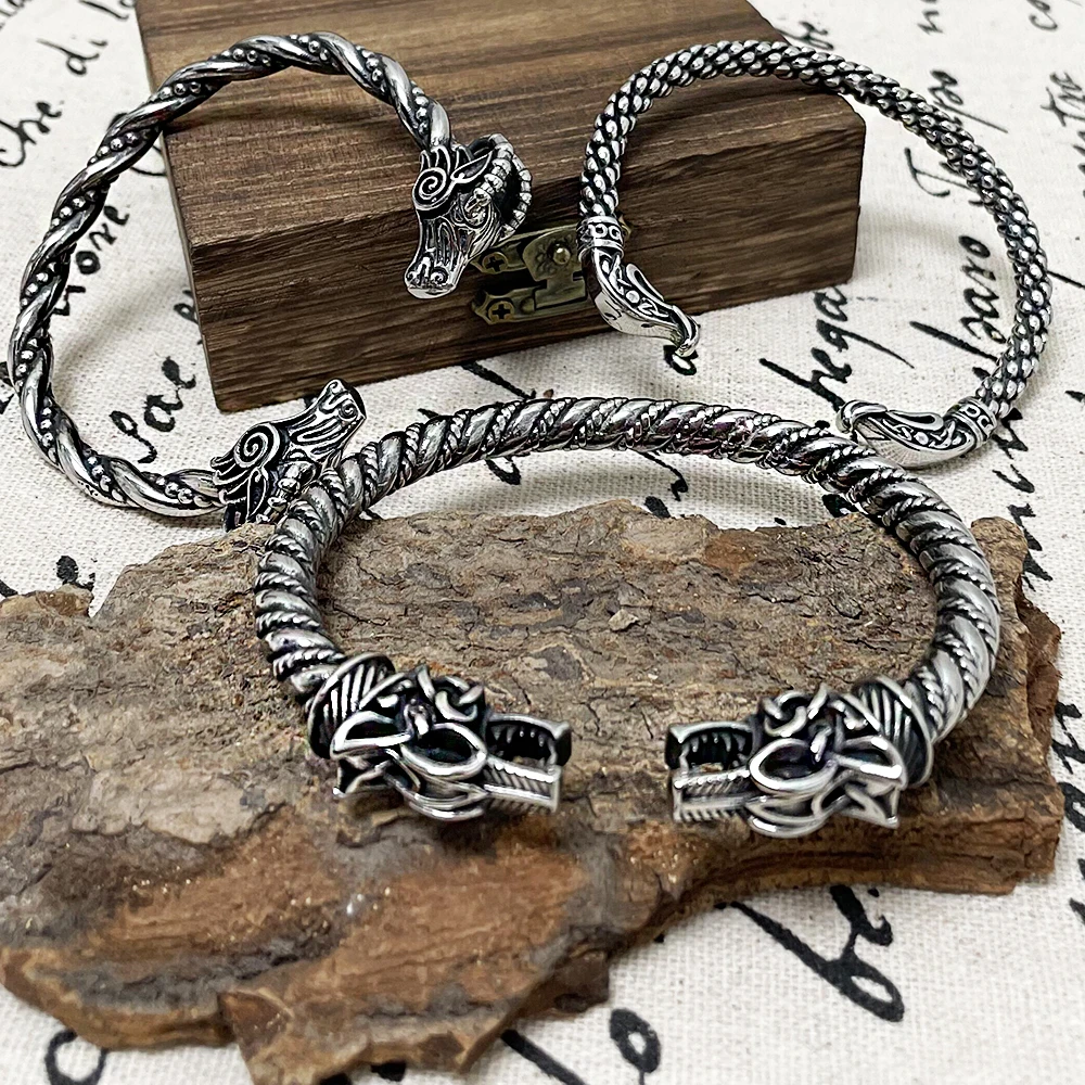 Punk Stainless Steel Viking Dragon Open Bracelets Men Gun Black Norse Runes Cuff Bangles Scandinavian Jewelry Vintage Male Gifts
