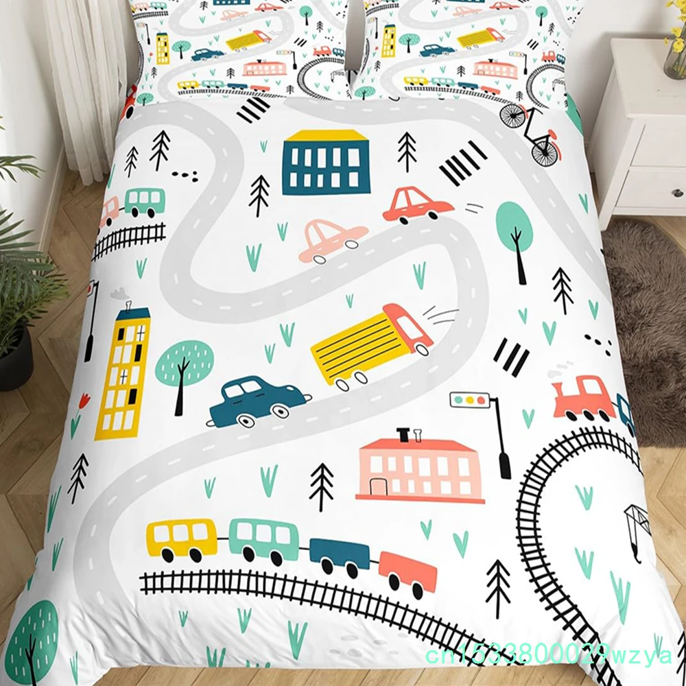 Racing Car Track Duvet Cover Queen For Kids Boys,Construction Vehicle Grey Bedding Set Red Cars Road Traffic Quilt Cover 3 Pcs
