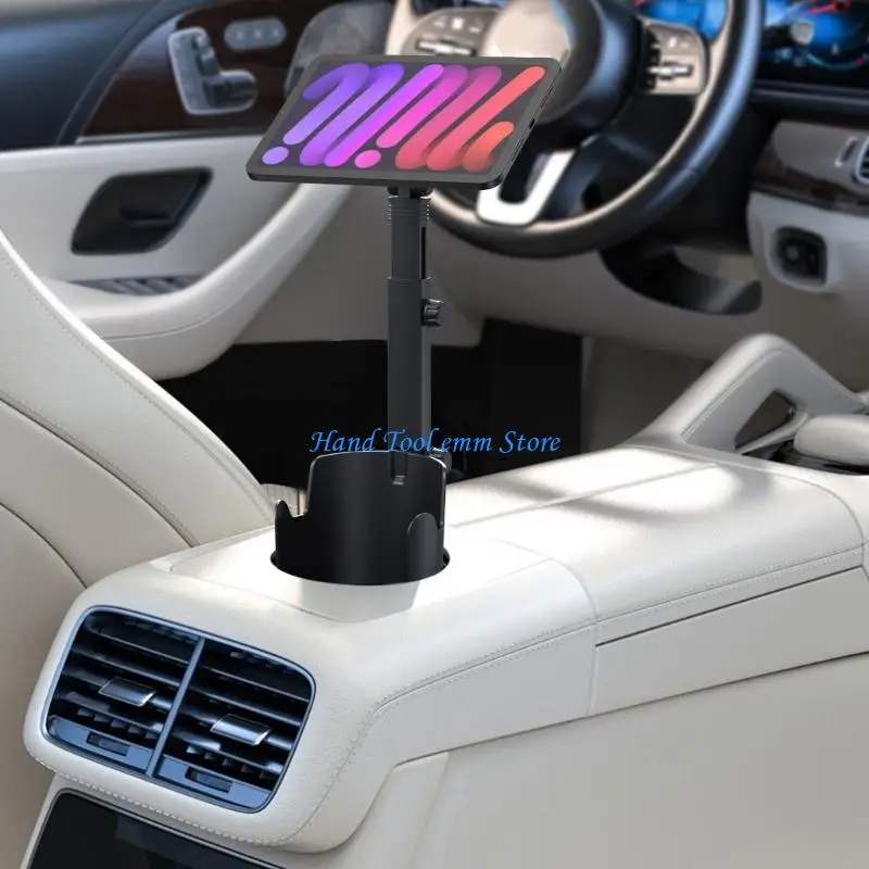 H37F Telescoping Cup Holder Phone Stand with Head, Adjustable Height and Turning View for Vehicle Navigation Use, Black ABS