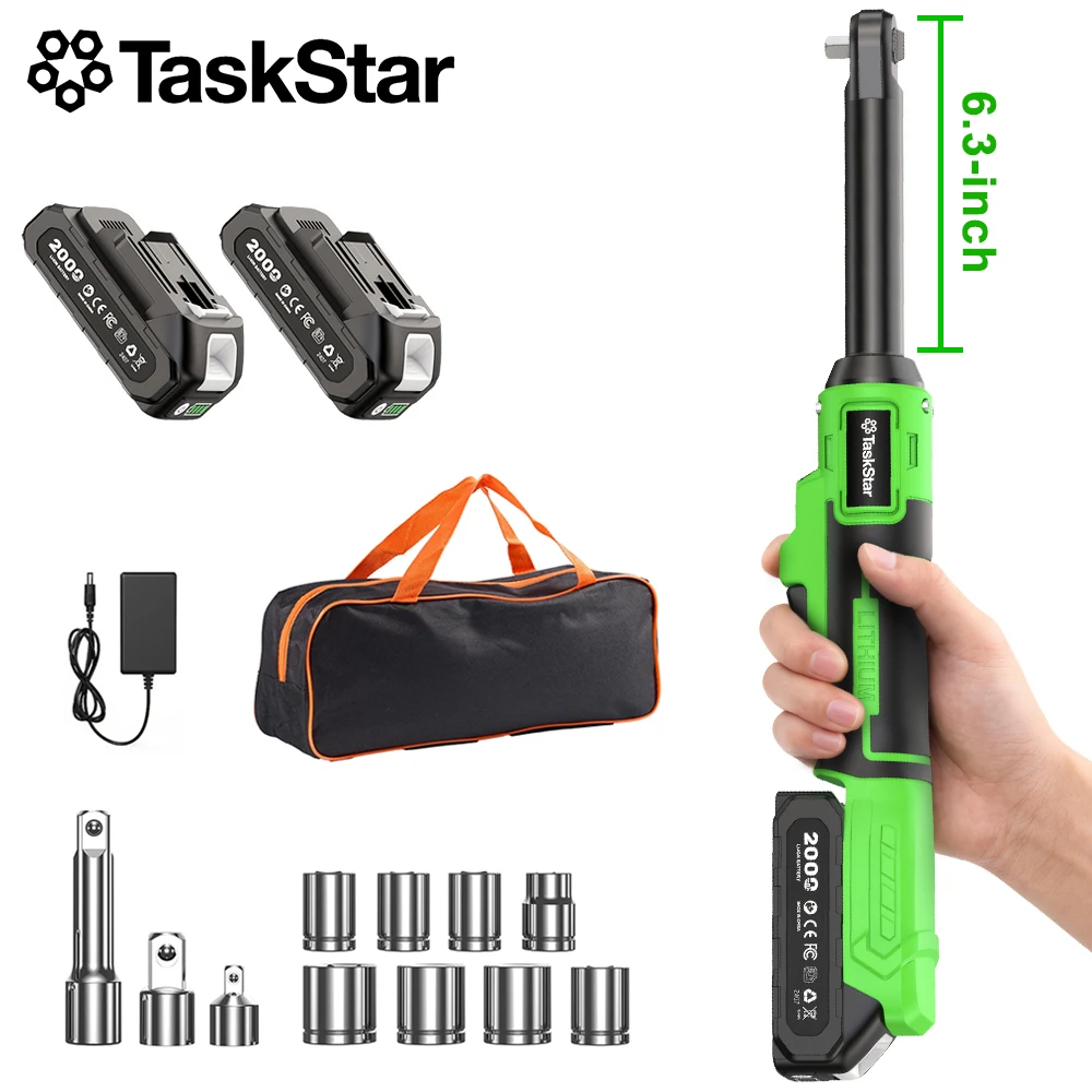 Clé à cliquet sans fil TaskStar 21V, barre d'extension de 6,3 pouces, couple élevé de 70 N.m, entraînement 3/8", kit de clé électrique avec lampe de travail à LED et 2 batteries rechargeables de 2000 mAh