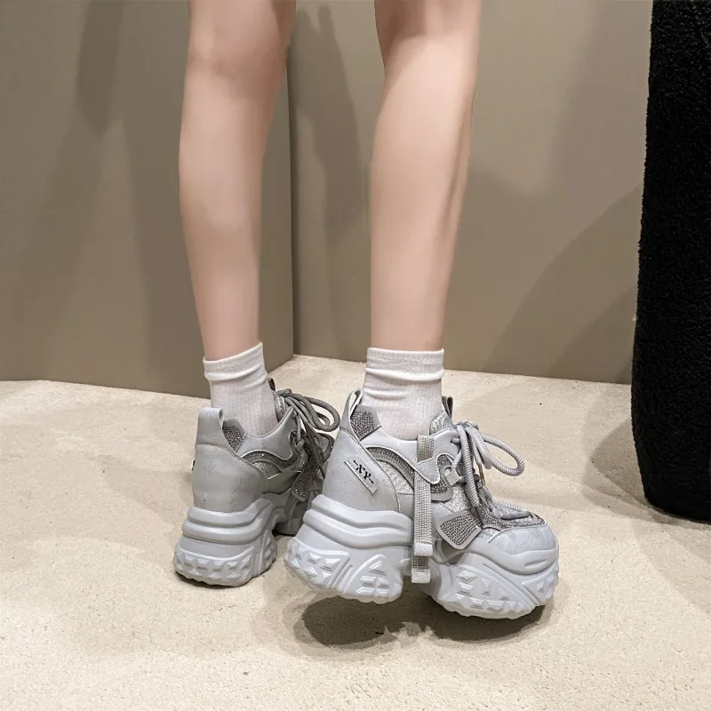 9CM New 2024 Spring Women Chunky Sneakers Heels Lace-up High Platform Sports Shoes Woman Breathable Mesh Shoes Leather Sneakers