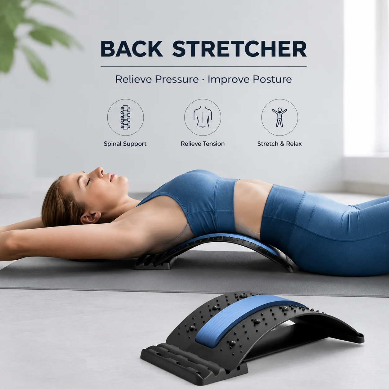 Adjustable Back Stretcher with Massage Wheel - 3 Levels of Depth for Spinal Relief And Lumbar Support