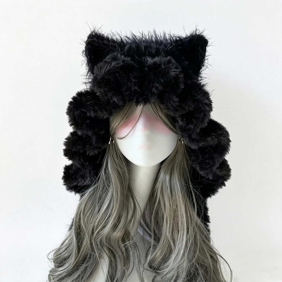 Handmade Crochet Black Cat Ear Hood Man Soft Fluffy Knitted Beanie Winter Warm Hat For Women Gothic Cosplay Dark Y2K Custom Gift