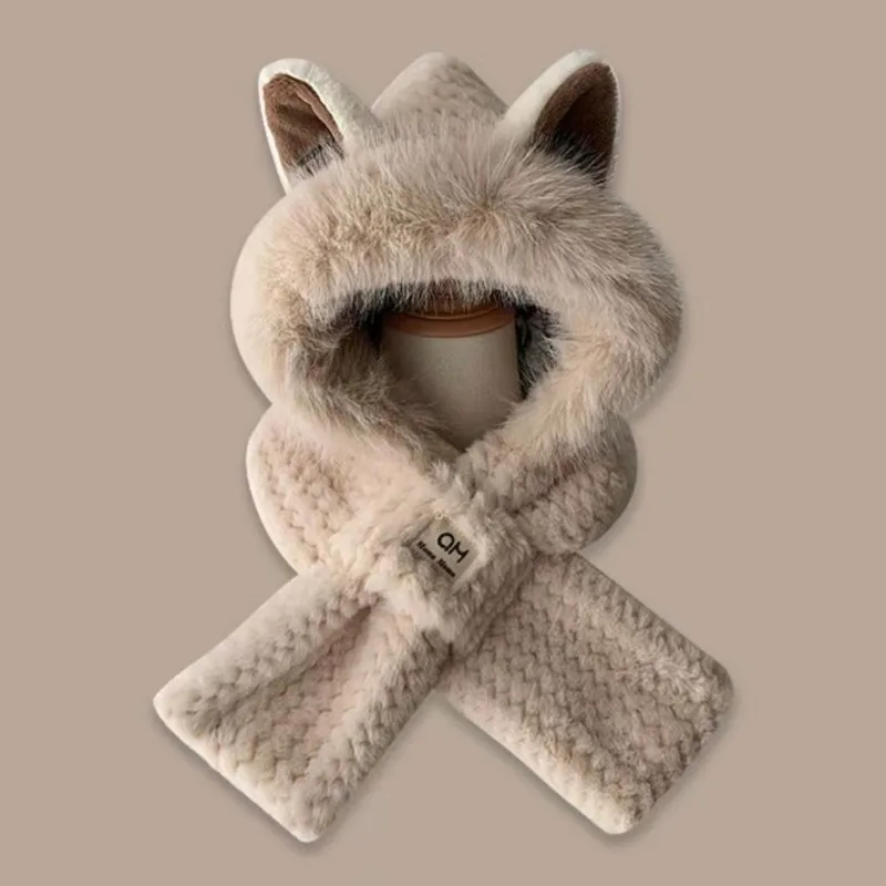 Winter All-match Cute Plush Hat To Keep Warm in Winter Thickened Anti-freeze and Windproof Hooded Scarf Scarf All in One