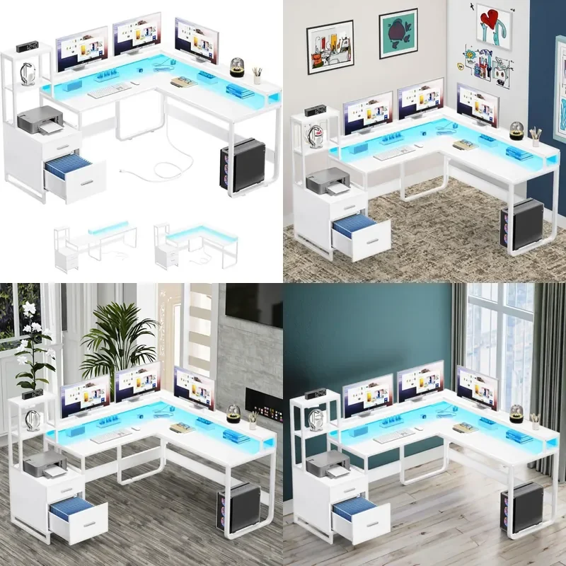 LED Strip Computer Desk Simple Writing Table Removable Multifunctional Study Workstation for Bedroom Home Rental Use