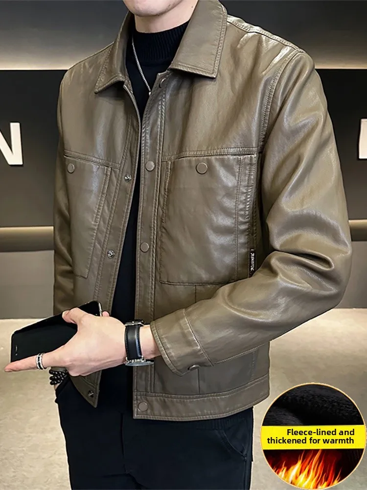 

Men's Fce Lined Thiened PU Leather Jaet Autumn Winter Faion Brand High End Sli Warmth Youthful Energy Sle